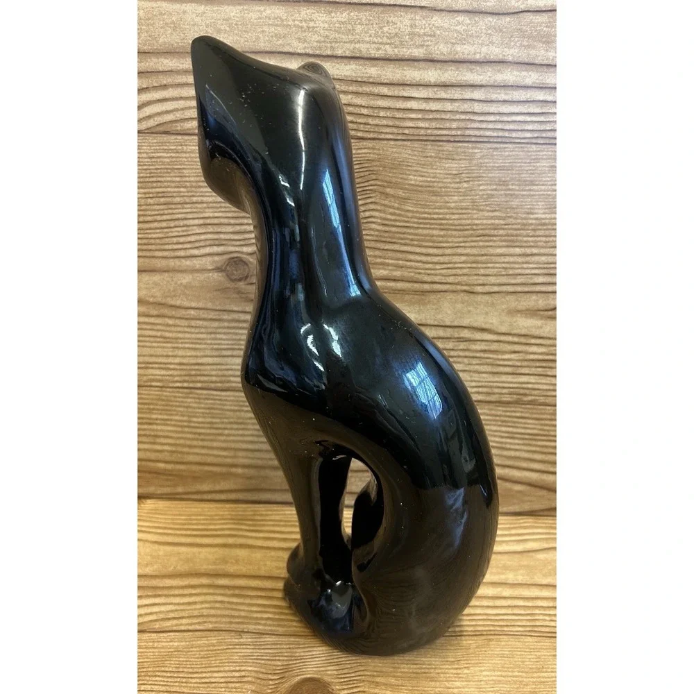 Vtg Black Cat Statue Green Eyes 11